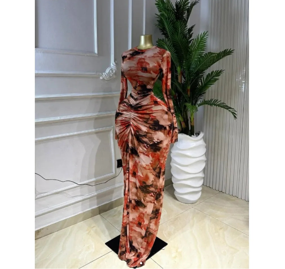 Abstract Print Ruched Stacked Maxi Dress