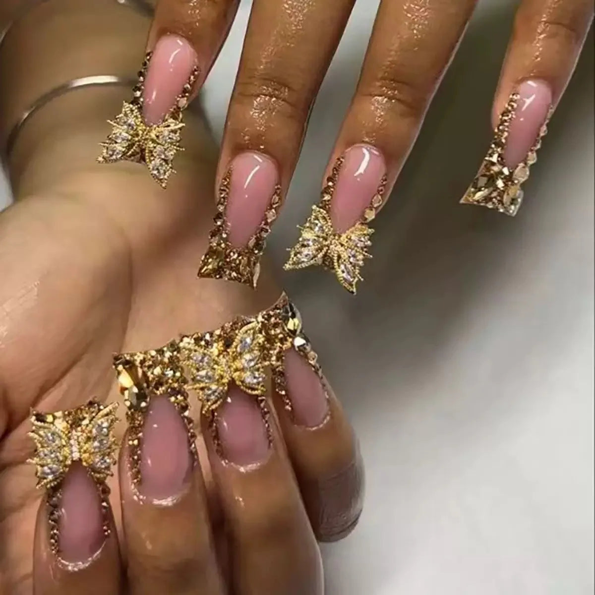 White French Diamond Flower Press-On Nails - Coffin Ballerina