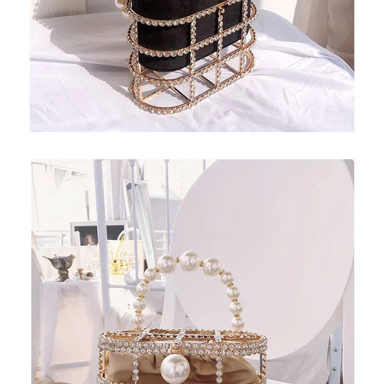 Luxe Pearl & Diamond Metallic Evening Bag