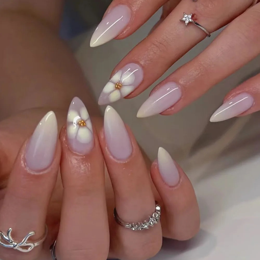 Nude Flower Rhinestone Stiletto Press-On Nails - Almond