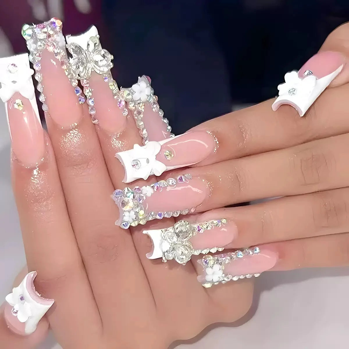 White French Diamond Flower Press-On Nails - Coffin Ballerina