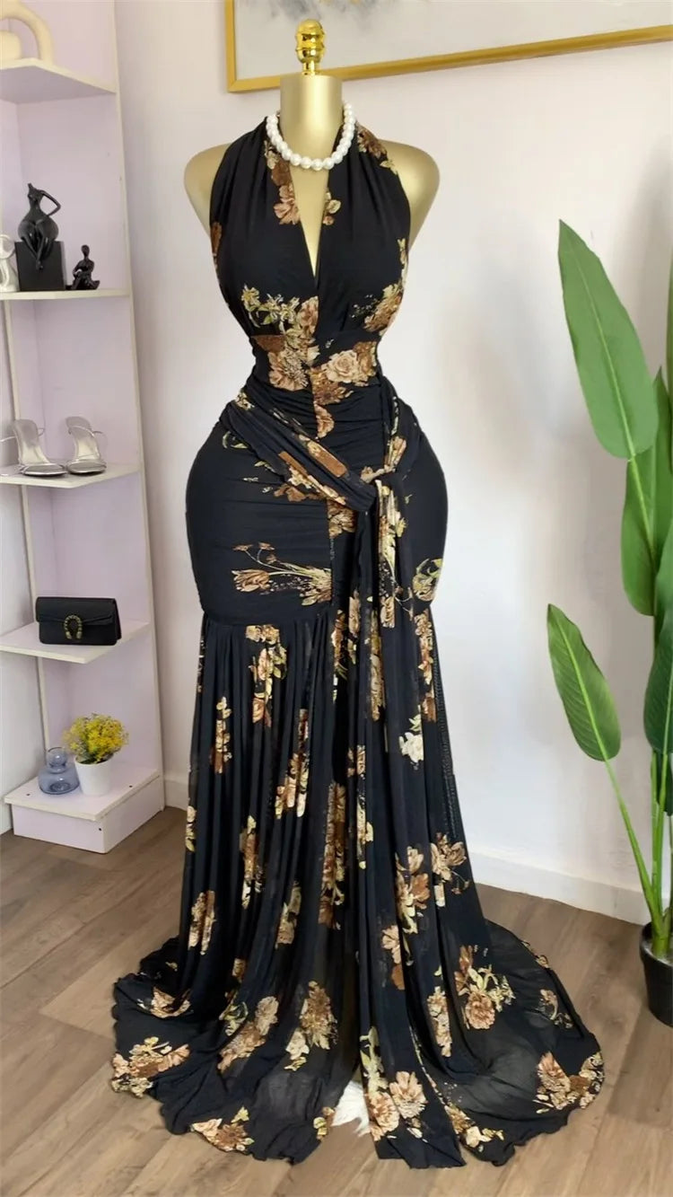 Floral Halter V-Neck Backless Ruched Ruffle Maxi Dress