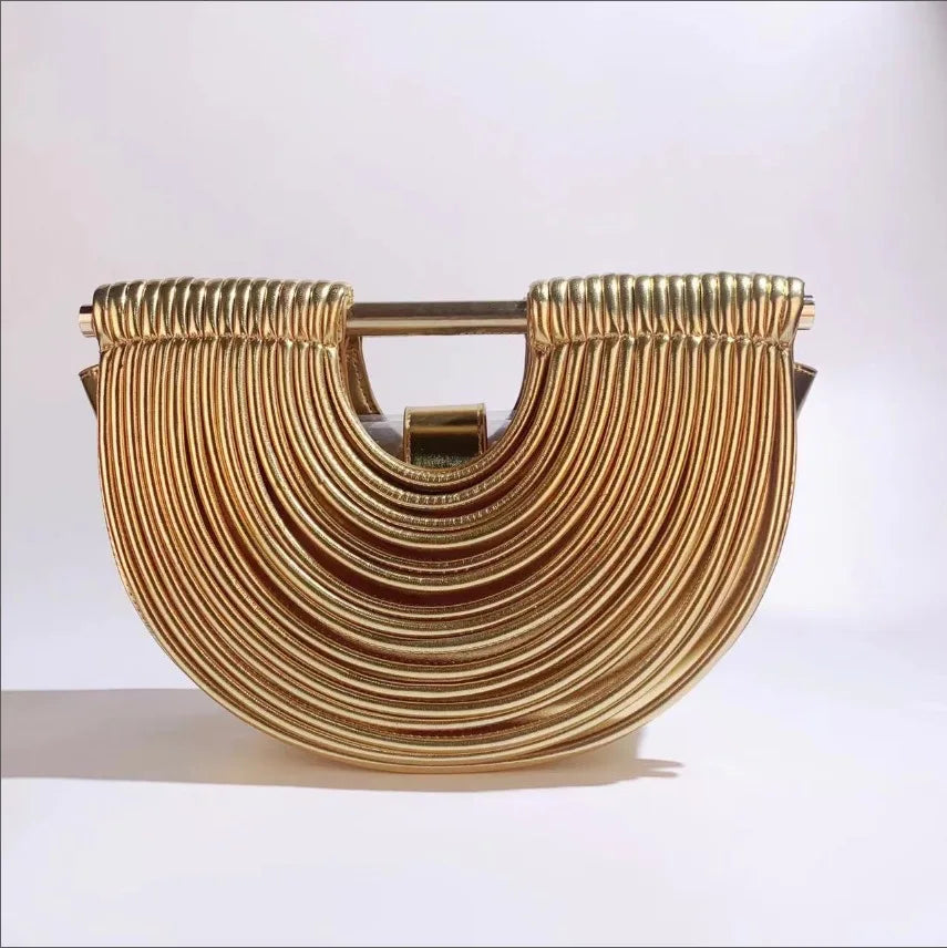 Gold Handwoven Noodle Hobo Bag – Luxury Half Round Evening Clutch