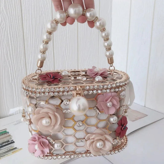 Luxe Pearl & Diamond Metallic Evening Bag