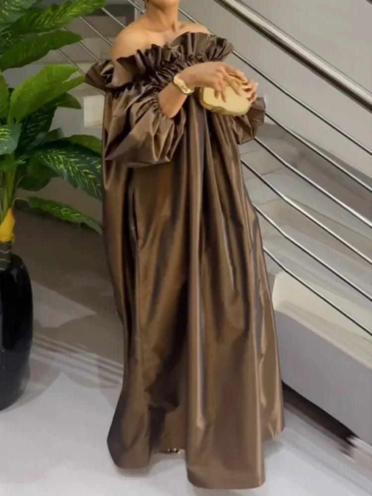 Luxe Falbala Puff Sleeve Maxi Dress – Off-Shoulder Evening Gown