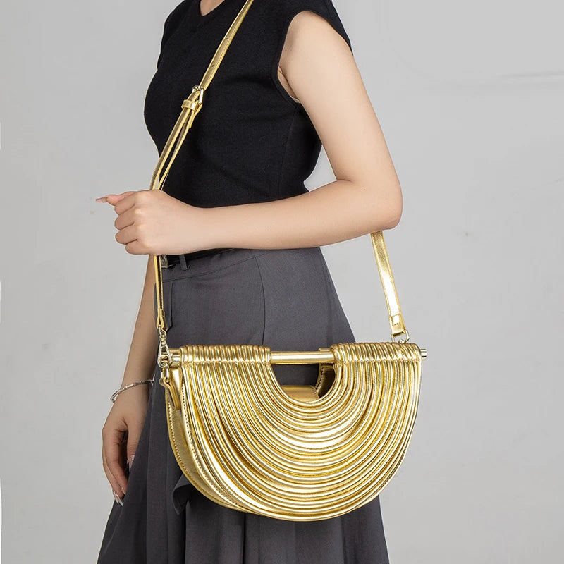 Gold Handwoven Noodle Hobo Bag – Luxury Half Round Evening Clutch