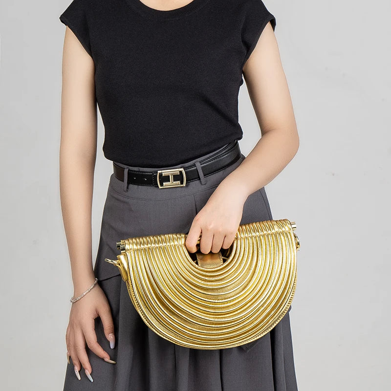 Gold Handwoven Noodle Hobo Bag – Luxury Half Round Evening Clutch
