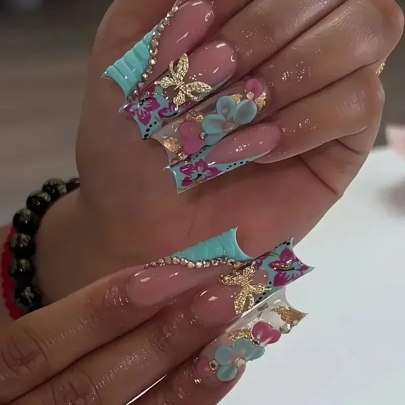 Diamond & Gold Butterfly Press-On Nails – 24pcs Long Elegant Acrylic