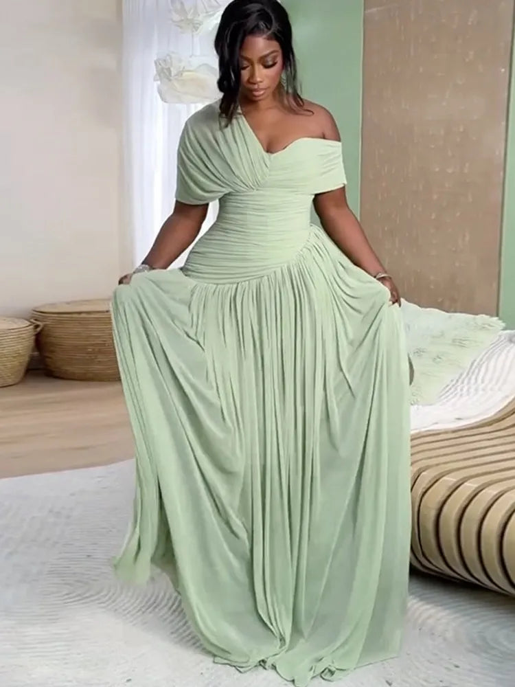 Sage Green One-Shoulder Ruched A-Line Maxi Dress