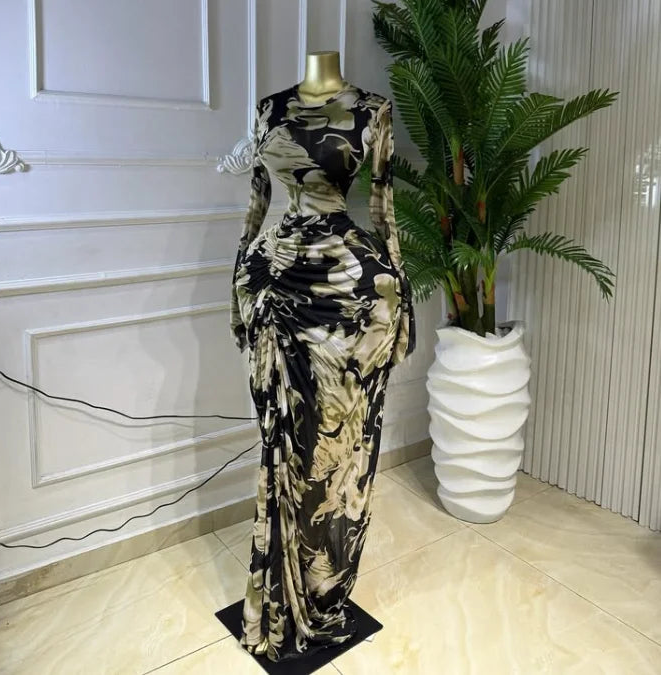 Abstract Print Ruched Stacked Maxi Dress