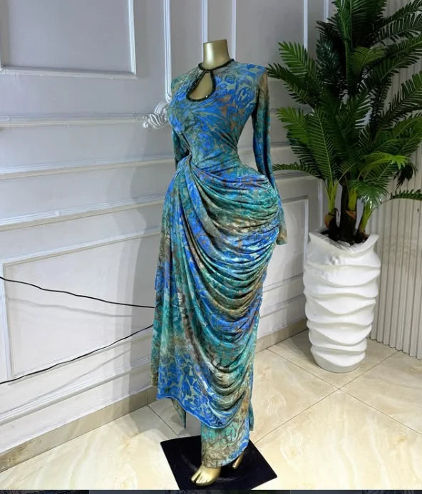 Striped Ribbon Ruched Long Sleeve Bodycon Maxi Dress
