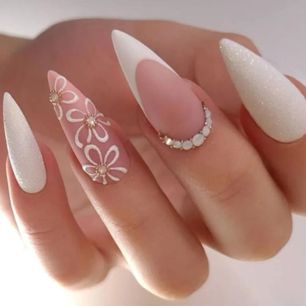 Nude Flower Rhinestone Stiletto Press-On Nails - Almond