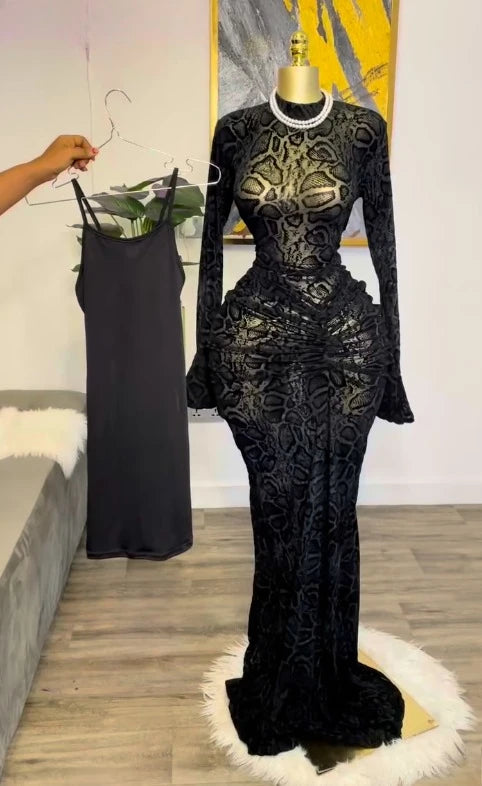 Mesh Bodycon Flare Sleeve Maxi Dress