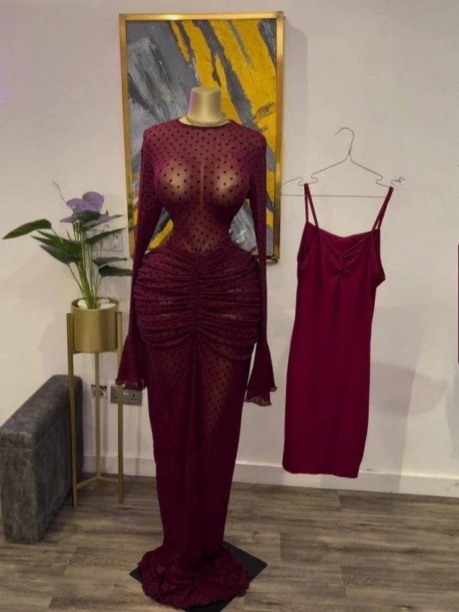 Mesh Bodycon Flare Sleeve Maxi Dress