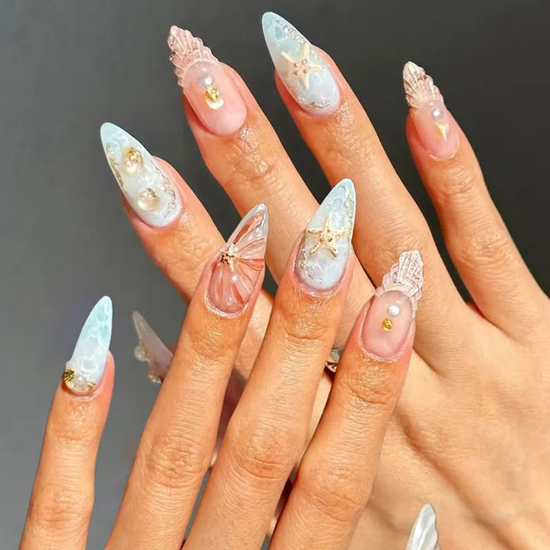 Nude Flower Rhinestone Stiletto Press-On Nails - Almond