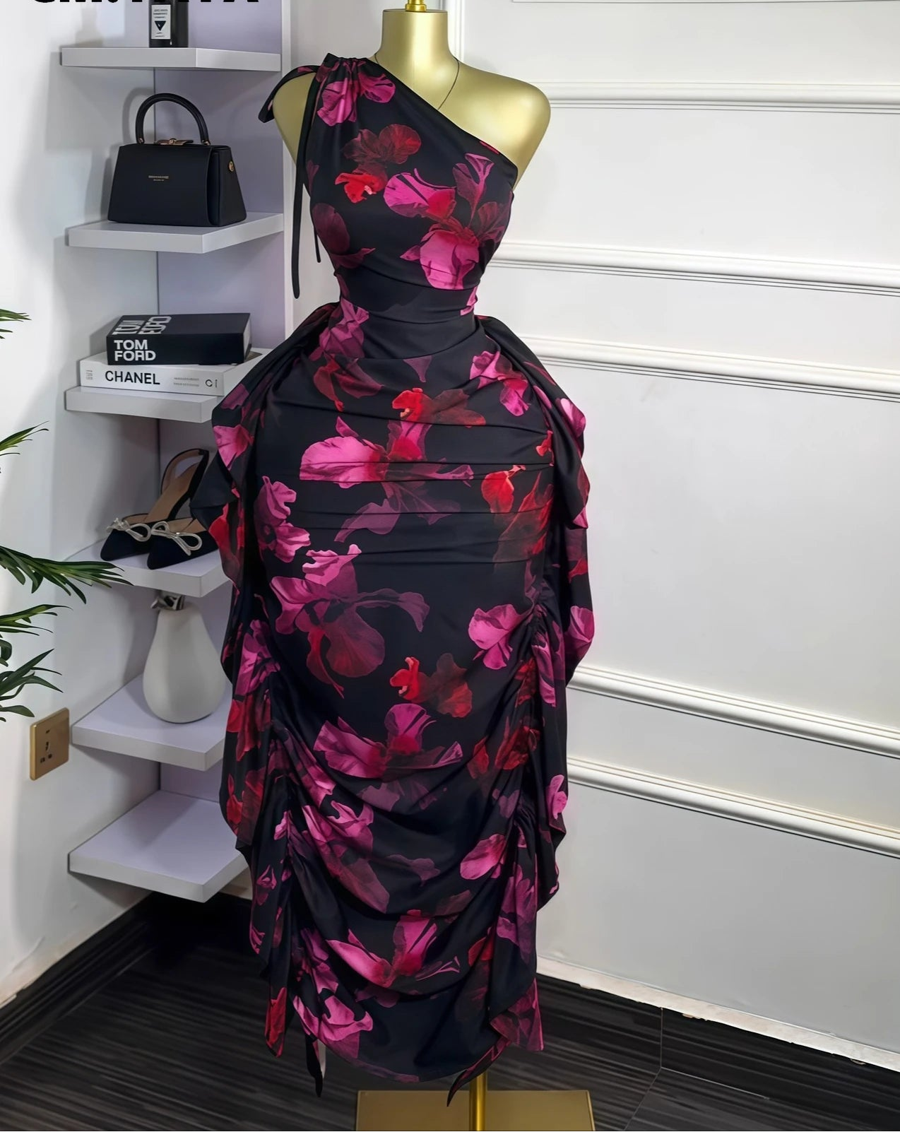 Floral One-Shoulder Ruched Maxi Dress