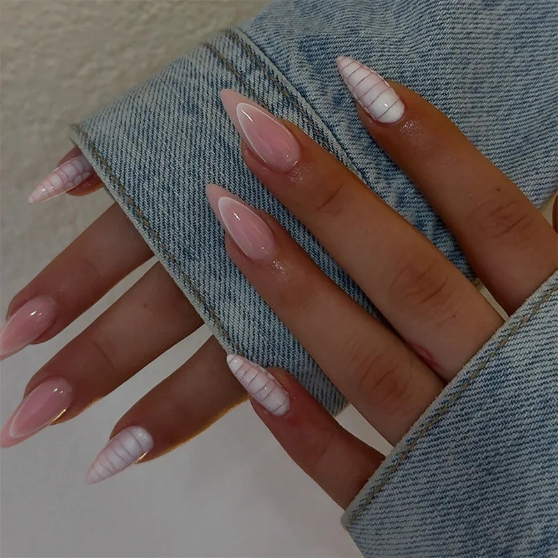 Nude Flower Rhinestone Stiletto Press-On Nails - Almond