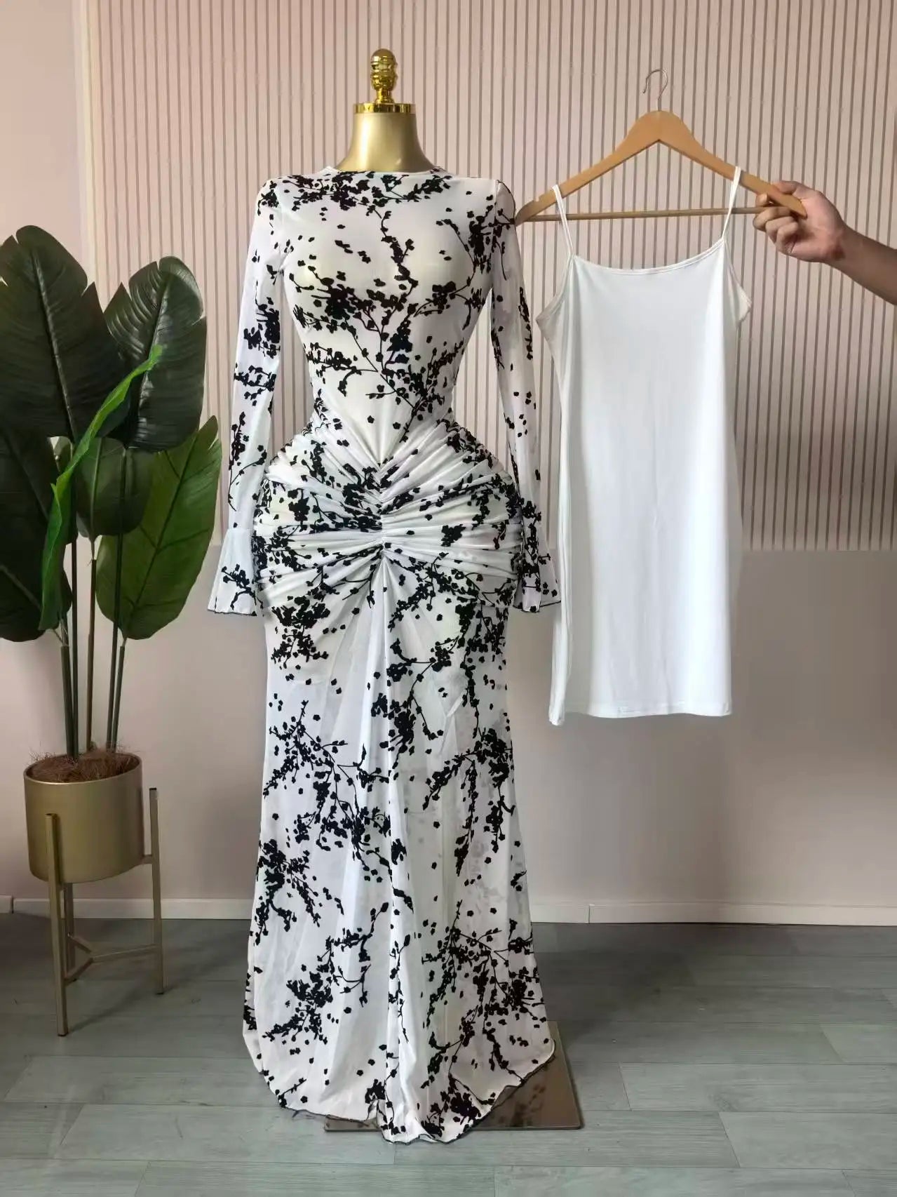 Mesh Bodycon Flare Sleeve Maxi Dress