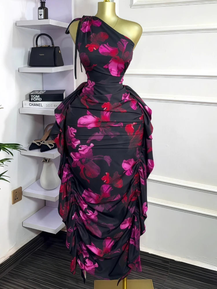 Floral One-Shoulder Ruched Maxi Dress