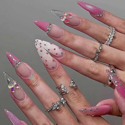 Glitter Bow Almond Press-On Nails – 24pcs Sweet Korean Style