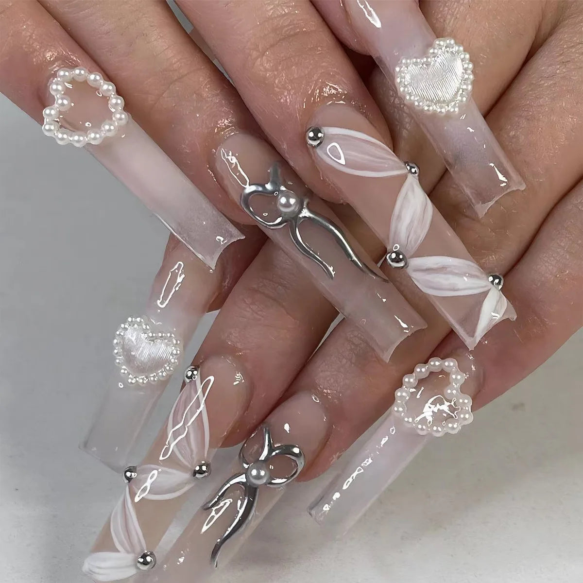 Pink Butterfly Glitter Press-On Nails - French Ballet