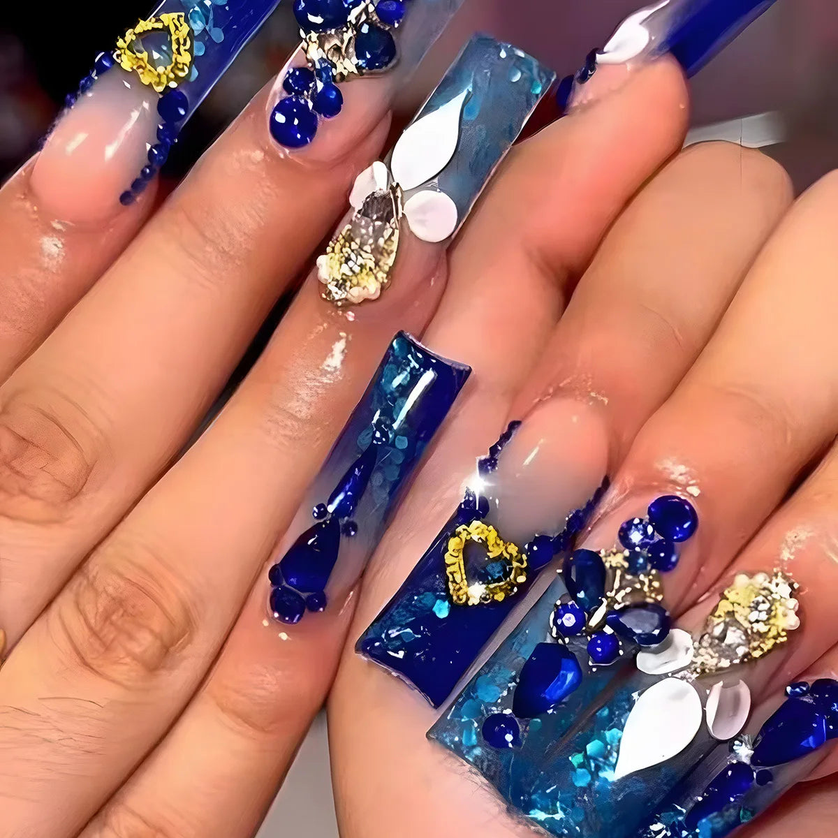 White French Diamond Flower Press-On Nails - Coffin Ballerina
