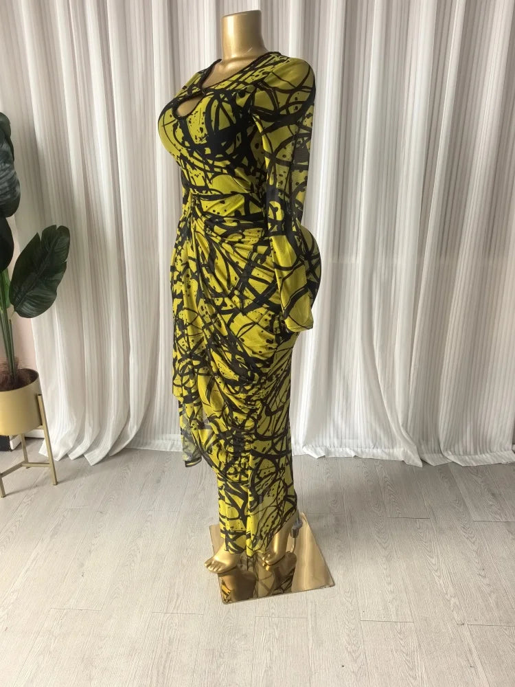 Striped Ribbon Ruched Long Sleeve Bodycon Maxi Dress