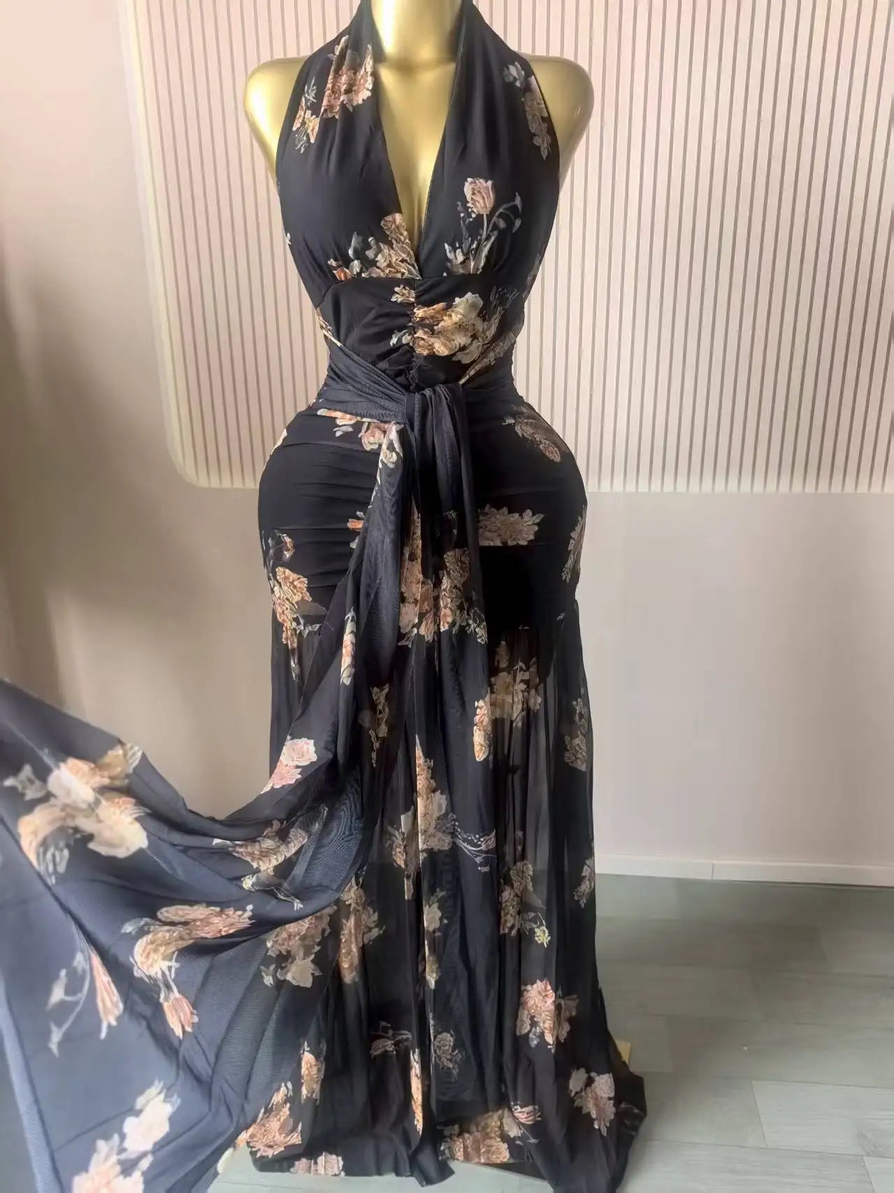 Floral Halter V-Neck Backless Ruched Ruffle Maxi Dress