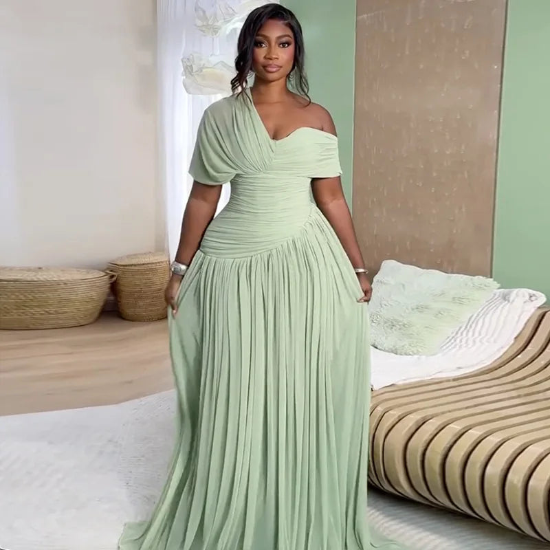 Sage Green One-Shoulder Ruched A-Line Maxi Dress