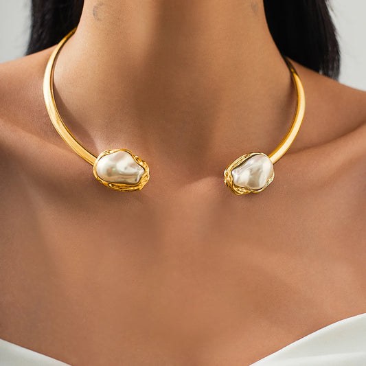 Baroque Pearl Collar Choker – Elegant Open Torques Necklace Gold & Silver