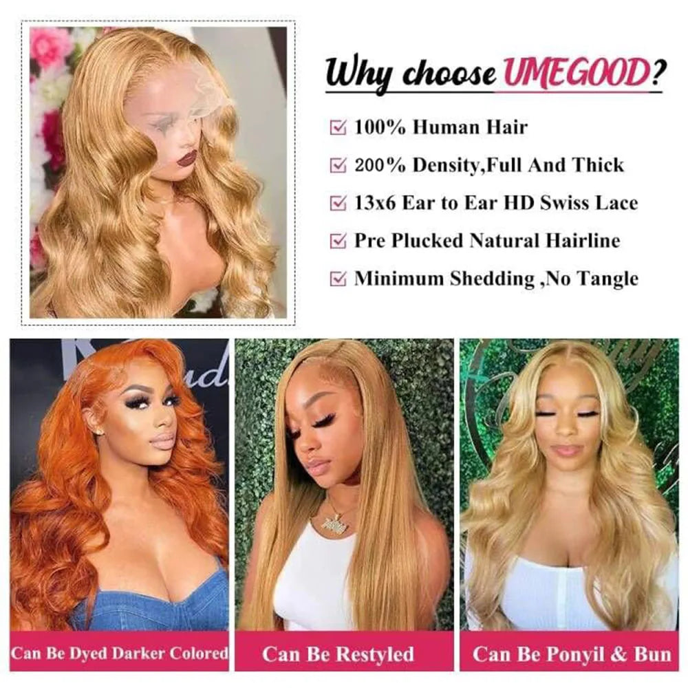 27 Honey Blonde Body Wave Wig - 13x4/13x6 HD Lace 180-250% Density