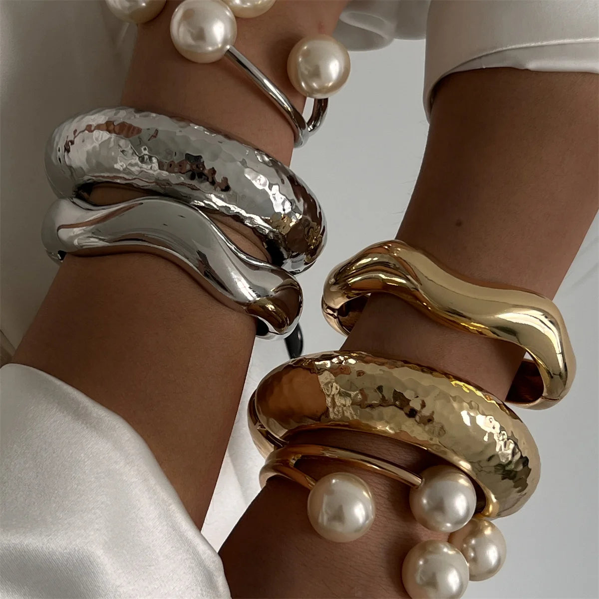 Chunky Pearl Open Cuff Bangle – Bold Statement Bracelet Gold & Silver
