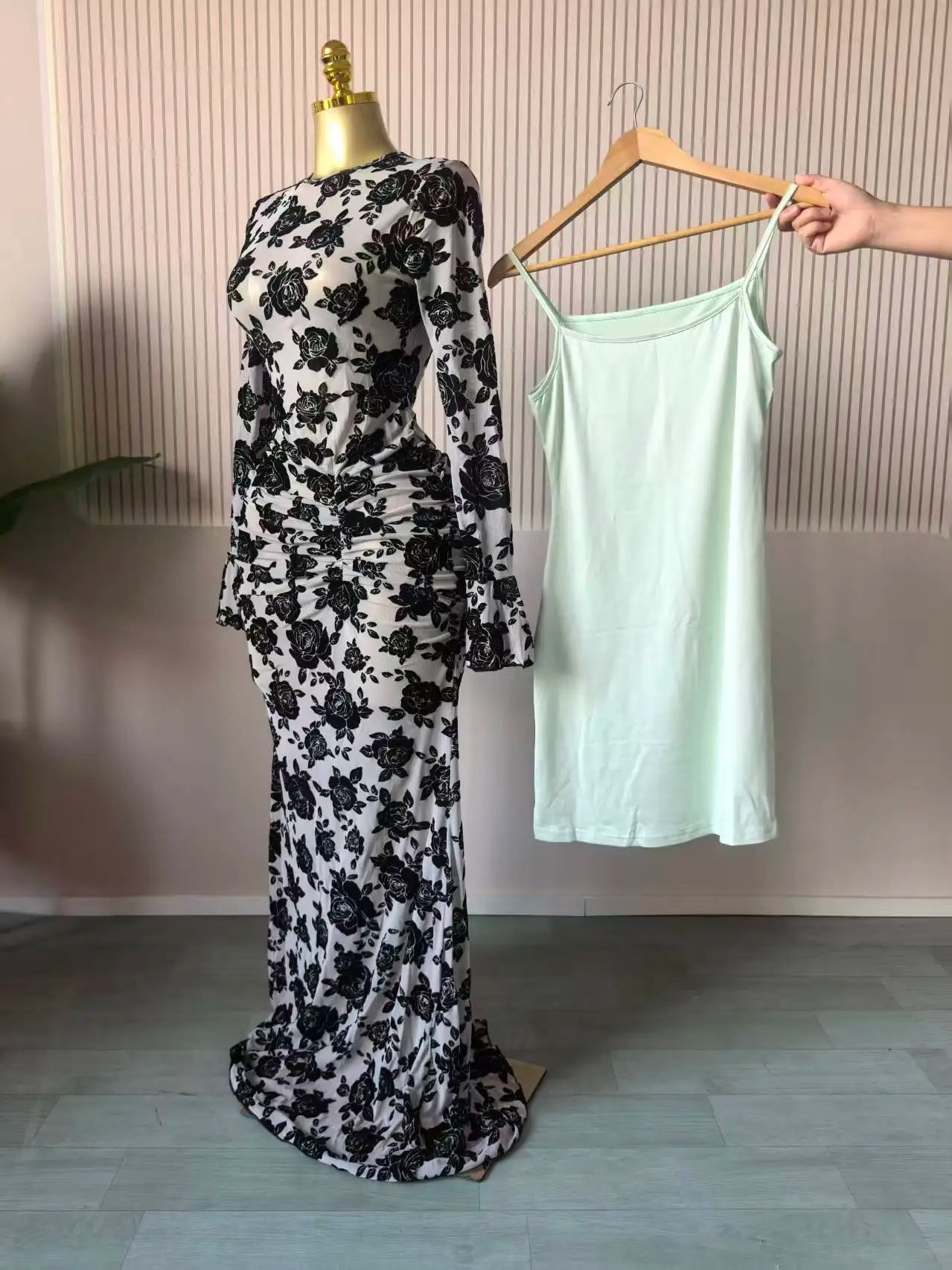 Mesh Bodycon Flare Sleeve Maxi Dress