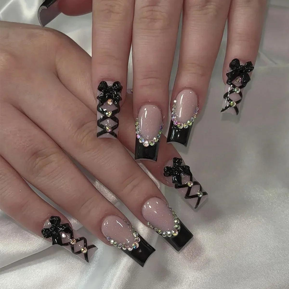 Diamond & Gold Butterfly Press-On Nails – 24pcs Long Elegant Acrylic