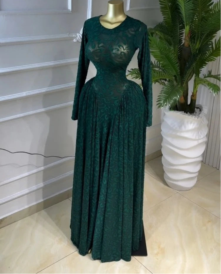 Velvet & Mesh Corseted Pleated A-Line Maxi Dress