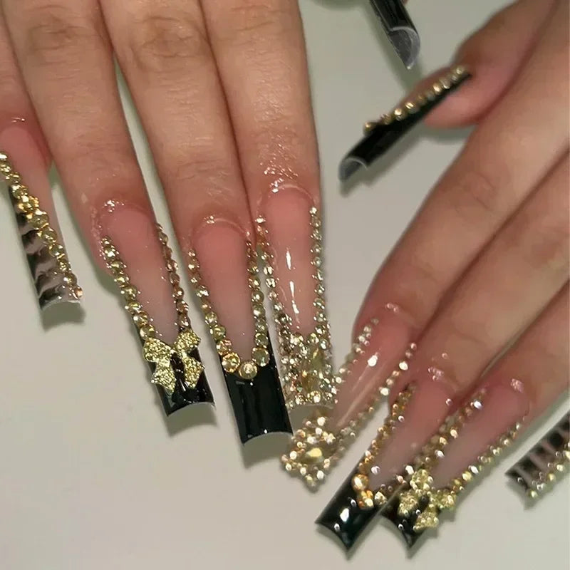 Diamond & Gold Butterfly Press-On Nails – 24pcs Long Elegant Acrylic