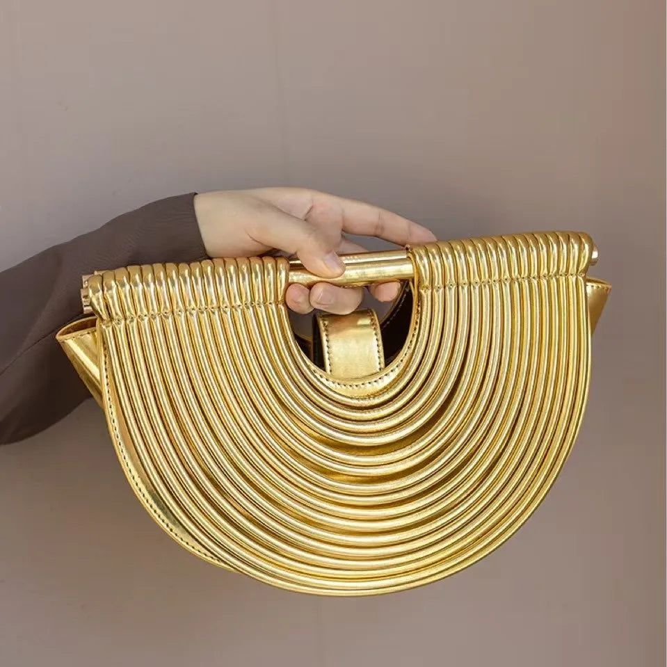 Gold Handwoven Noodle Hobo Bag – Luxury Half Round Evening Clutch
