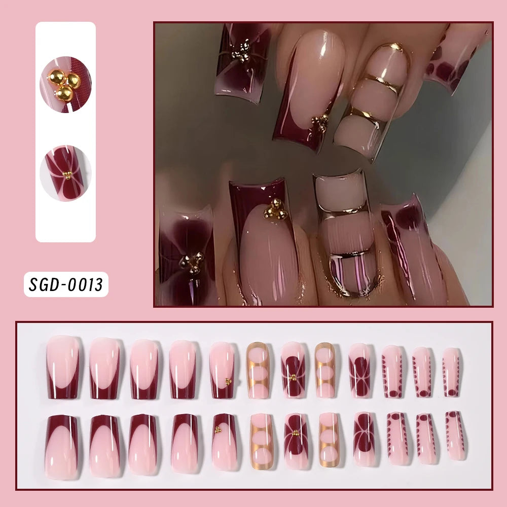 Retro Floral Gold Coffin Press-On Nails (24pcs)