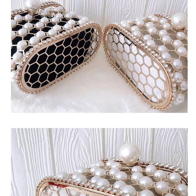 Luxe Pearl & Diamond Metallic Evening Bag