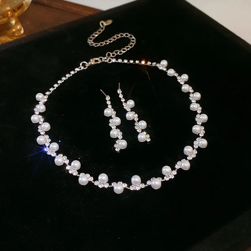 Pearl Rhinestone Choker Set – 3pcs Vintage Light Luxury Necklace & Earrings