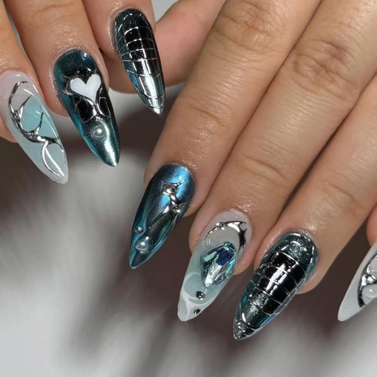 Nude Flower Rhinestone Stiletto Press-On Nails - Almond