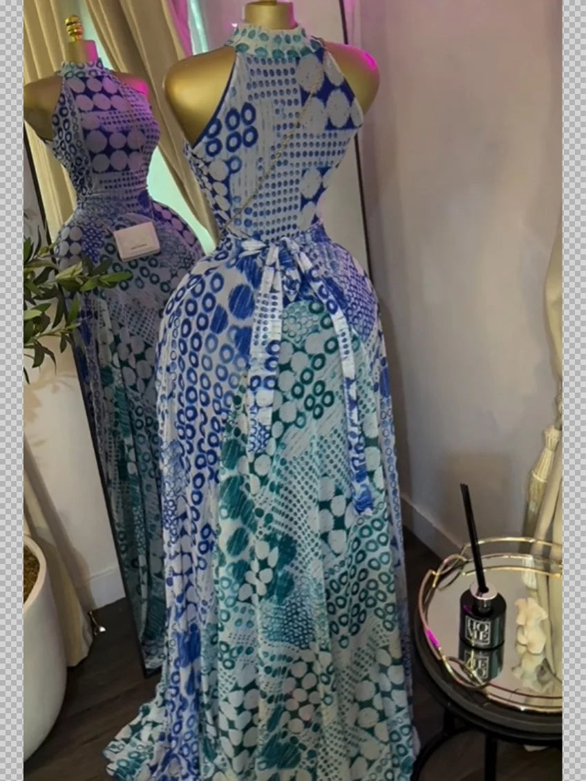 Sleeveless Mermaid Maxi Dress – Floral Print Floor-Length Evening Dress
