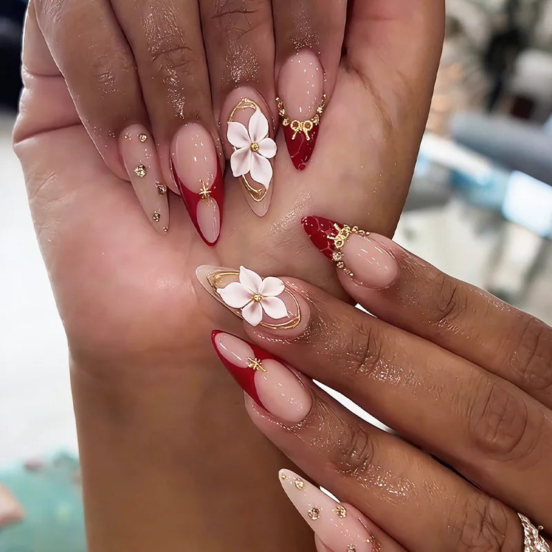 Glitter Bow Almond Press-On Nails – 24pcs Sweet Korean Style