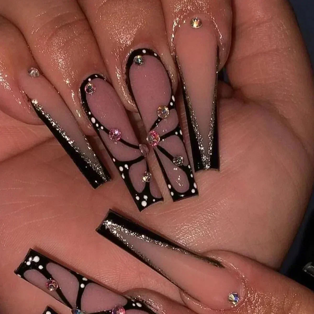 Pink Butterfly Glitter Press-On Nails - French Ballet