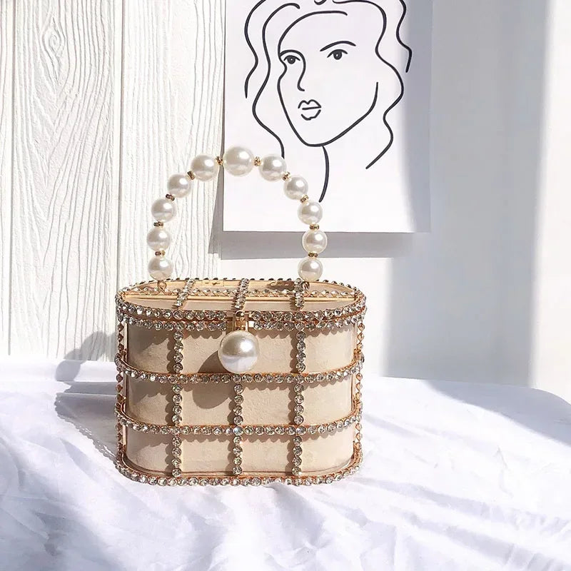 Luxe Pearl & Diamond Metallic Evening Bag