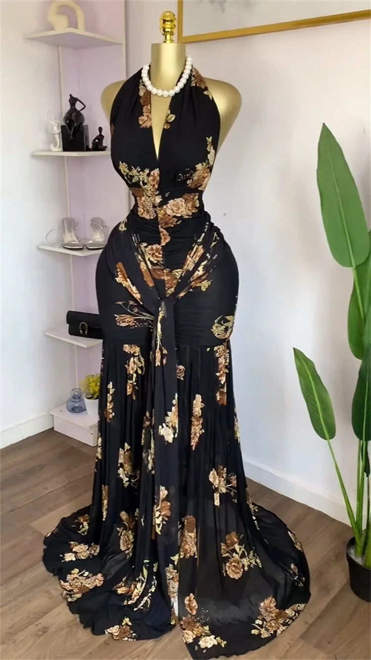 Floral Halter V-Neck Backless Ruched Ruffle Maxi Dress