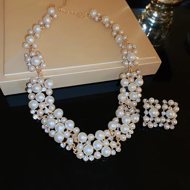 Pearl Rhinestone Choker Set – 3pcs Vintage Light Luxury Necklace & Earrings