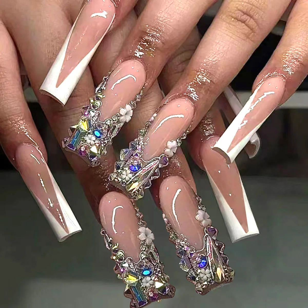 White French Diamond Flower Press-On Nails - Coffin Ballerina