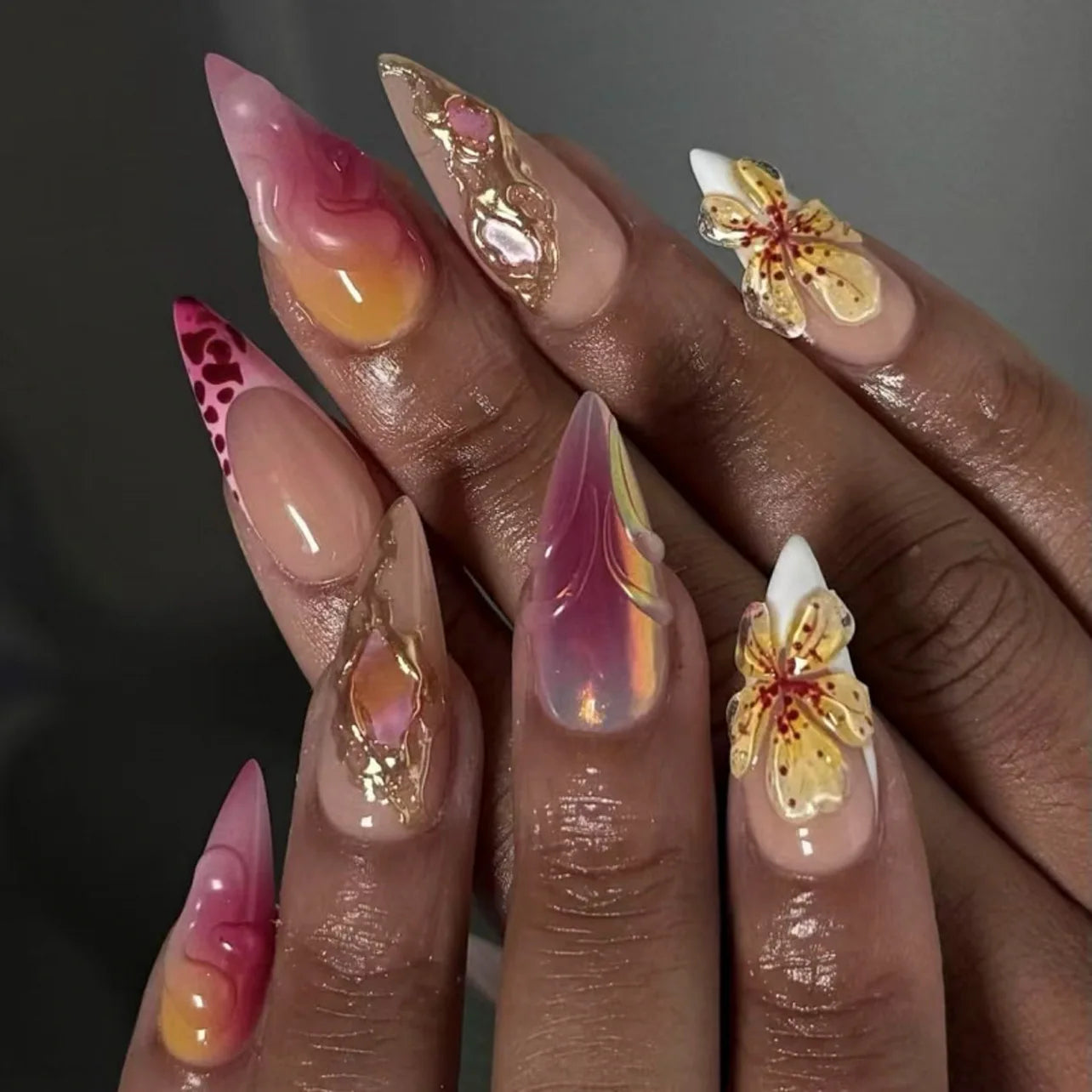 Nude Flower Rhinestone Stiletto Press-On Nails - Almond