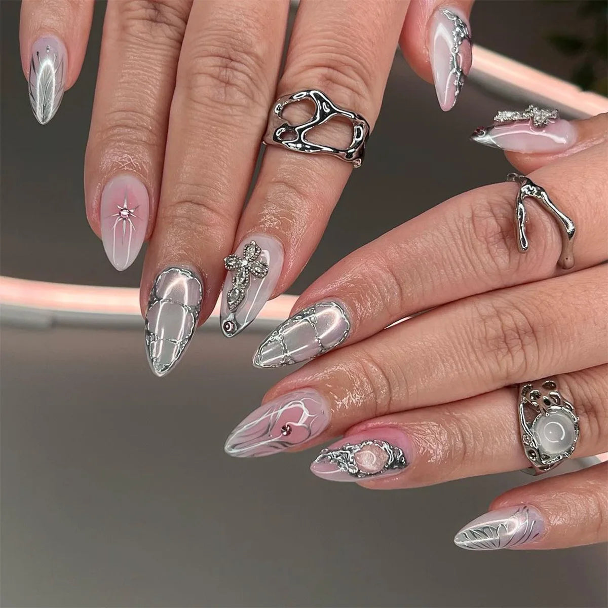 3D Love Glitter Pink Almond Press-On Nails (24pcs)